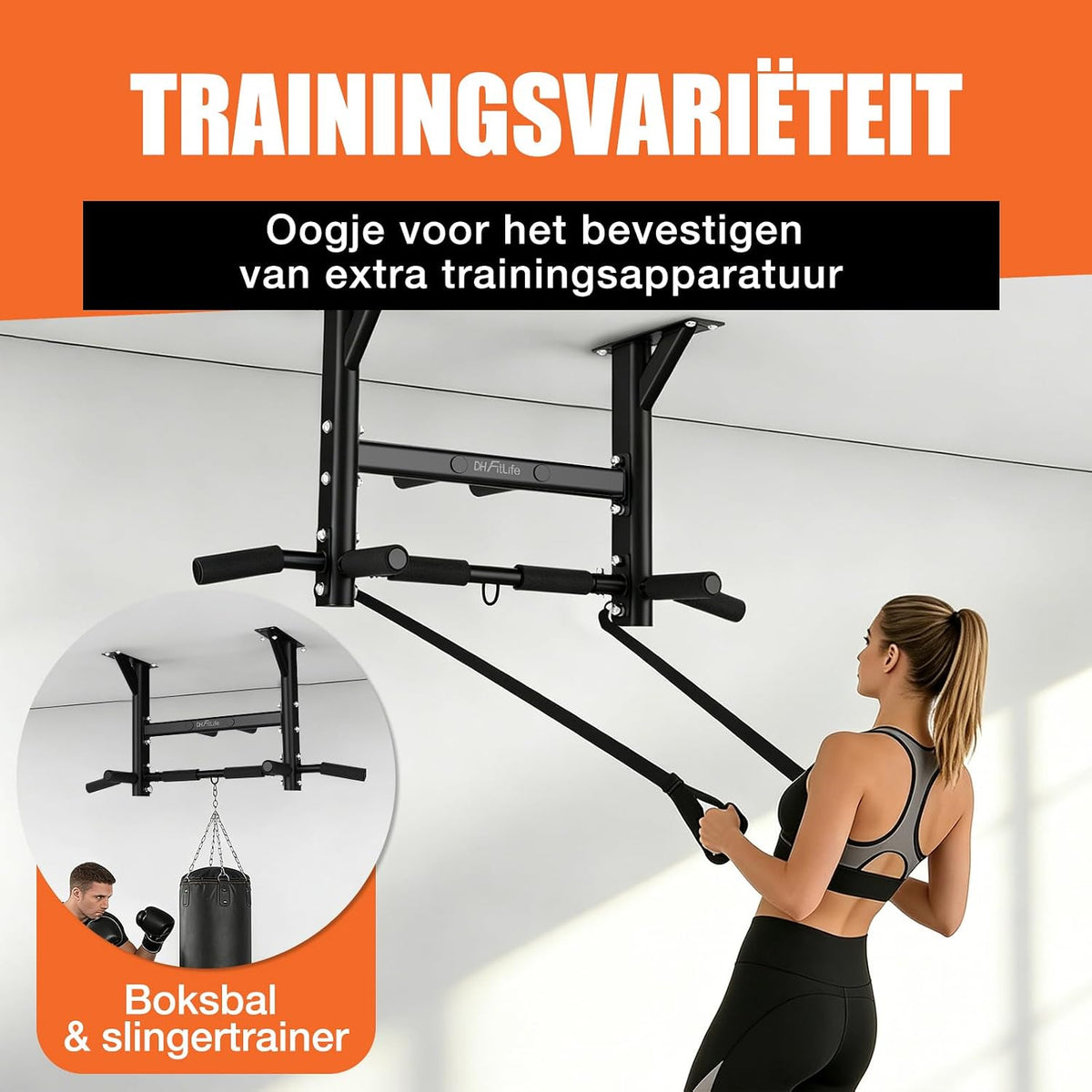 DH FitLife Plafond Optrekstang 4-in-1 - 8 Grepen - Tot 300 kg - 44,5 x 25,5 cm - Zwart