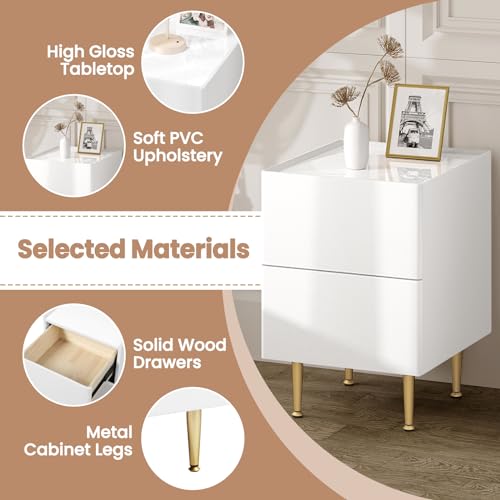 Woltu Nachtkastje NTS10ws03 Hoogglans Wit met Gouden Accenten - 2 Lades - MDF, PVC en Metaal - 40 x 35 x 51 cm