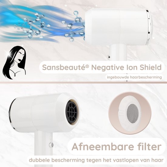 Sansbeauté® Föhn met Diffuser – Ionische Haardroger – Borstel - Reisföhn - 3 Opzetstukken - Krullen – Coolshot – 3 Standen – Haarföhn met Diffuser – Hair Dryer - 2000W - Wit