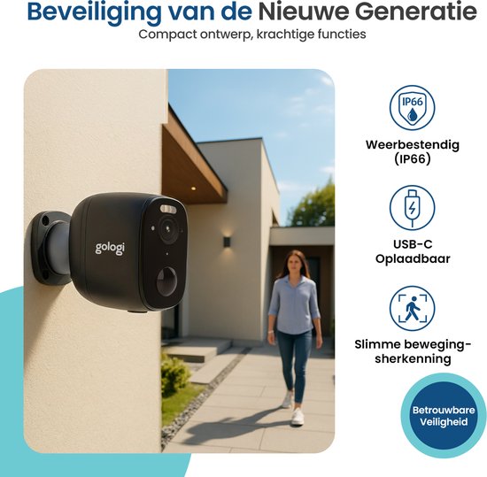 Gologi Draadloze Beveiligingscamera voor Buiten en Binnen - Bewakingscamera met Accu 5200 mAh - USB-C Oplaadbaar - Nightvision - Bewegingsdetectie - Magnetische Montage - 5MP HD Camera WiFi met App - Security Camera - Zwart