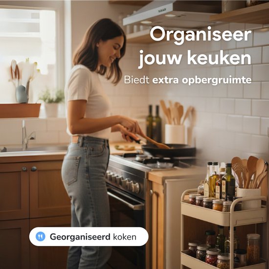 Keuken trolley op Wieltjes - 3 laags - Keukenrek - Serveerwagen - Kastje - Karretje - Opberg - Douche kastjes staand - Rekje - Beige - Luft