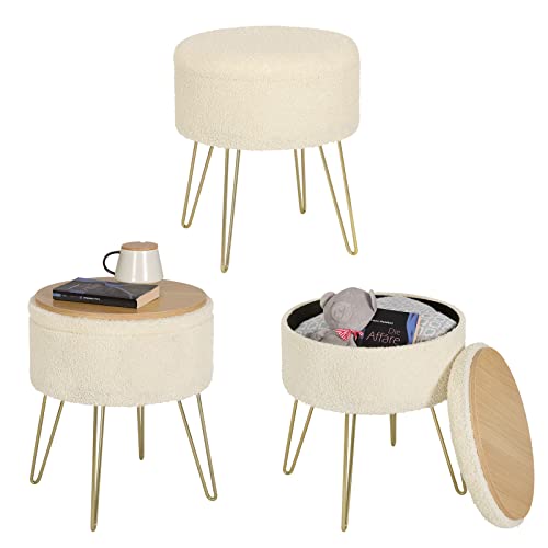 Woltu Opbergkruk Rond - Crème Wit - Ø39 x 44 cm - Stijlvolle Poef met Opbergruimte