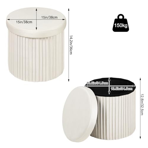 Woltu Opbergkruk met Deksel - Fluweel Crème - Ø38 x H36 cm