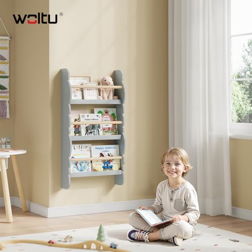 Woltu kinderboekenplank wandrek met 3 niveaus grijs
