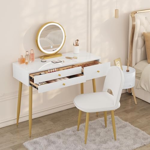 Woltu Make-up Tafel MB6105ws met Kruk en LED Spiegel - Houten Make-up Bureau met Verstelbare Verlichting, 3 Lades, Fluwelen Stoel met Rugleuning - Wit, Crème en Goud - 100x40 cm