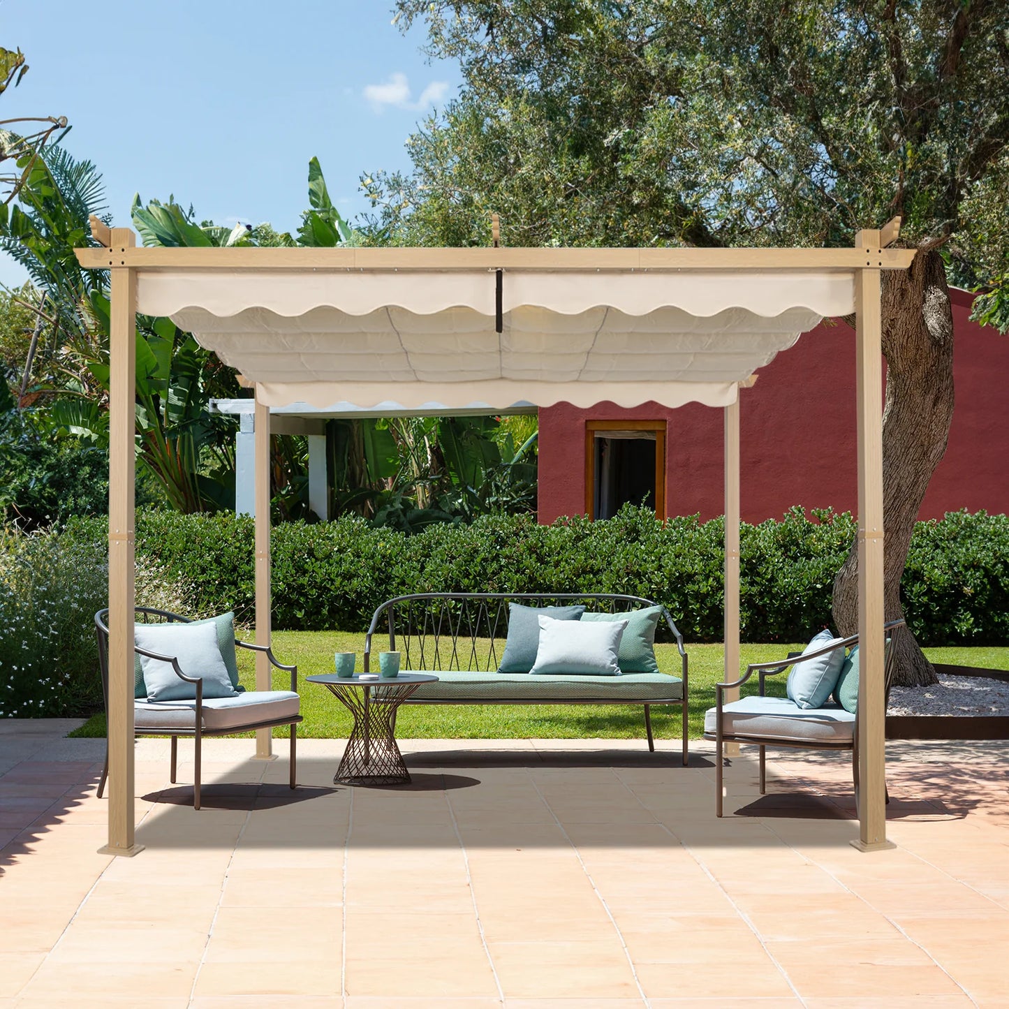 Angel Living Aluminium Pergola 3×3 m Crèmegeel – Uittrekbaar Dak UV50+, Stalen Dakbuizen, Poedercoating