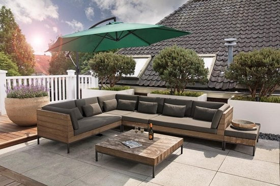 909 OUTDOOR Hangende parasol in donkergroen 2.5 m hoog, Tuinparasol met stalenframe en hoes, Parasol met zwengelgreep en kantelfunctie, Diameter 300 cm
