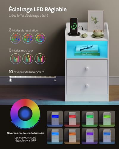 Woltu Nachtkastje met Oplaadstation en LED-verlichting Wit 40x35x64 cm