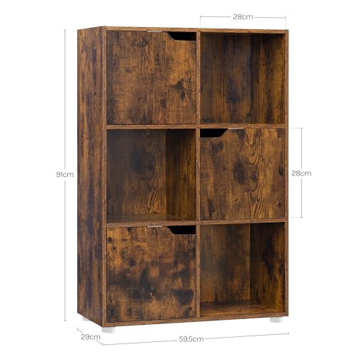 Woltu Boekenkast SK001vbn 6 Vakken met Deuren - Houten Kast Rustiek Bruin - 59,7 x 29 x 91 cm