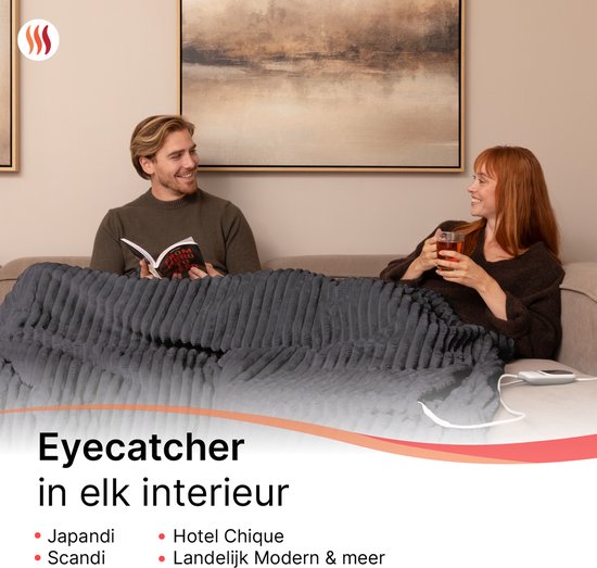 Seranova Elektrische Deken XXL - Extra Warmtedraden - Gestreept Model - 180x160 cm - 2 persoons Warmtedeken - Dubbelzijdig Fleece - Grijs