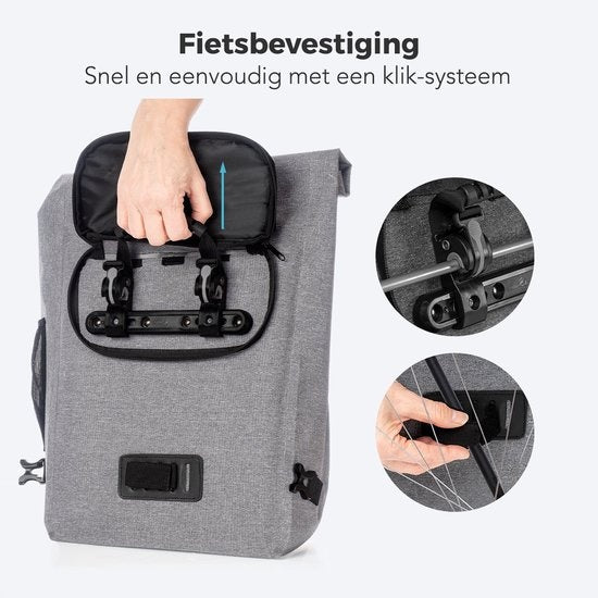 LifeGoods Enkele Fietstas - Compact - Schoudertas en Rugtas - 25L - Ronde Bagagedragers - Waterdicht - Grijs