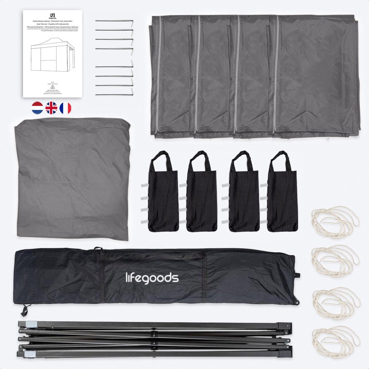 LifeGoods Partytent - Paviljoen - EasyUp - Opvouwbaar - Waterdicht - Met Draagtas met wieltjes - 440 x 297 cm - Donkergrijs