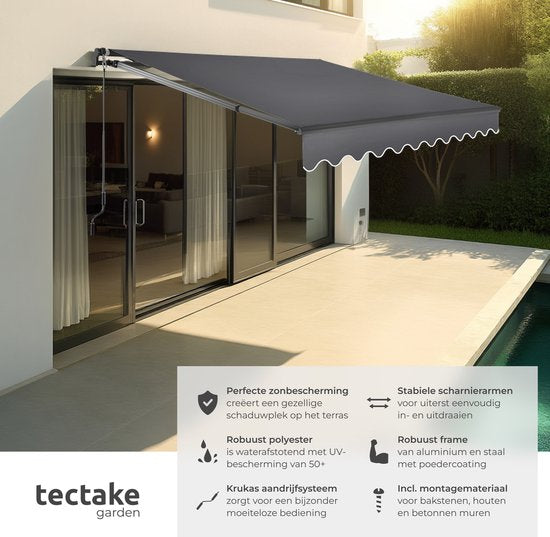 tectake® Zonnescherm met Knikarm - 250 x 200 cm - Zonneluifel - Zonwering voor Raam, Balkon, Buiten - Te Monteren aan Muur - Water- en UV-Bestendig - Donkergrijs
