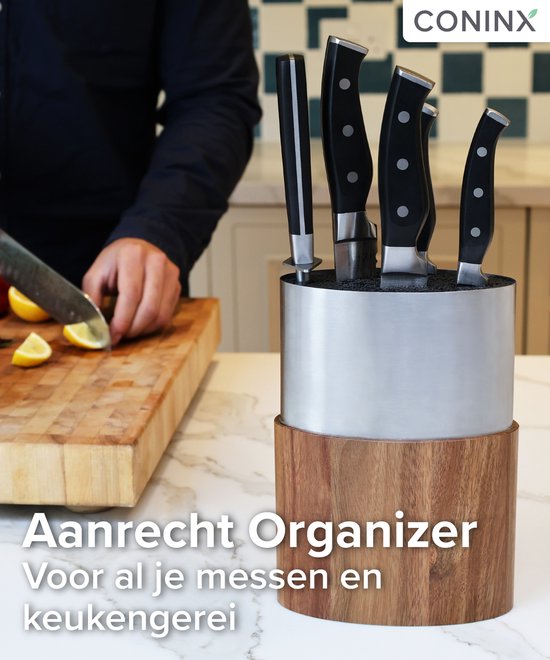 Coninx Saporo Messenblok - Houten RVS Messenhouder Universeel - Messenstandaard Zonder Messen - Keukenmeshouder Acacia Hout