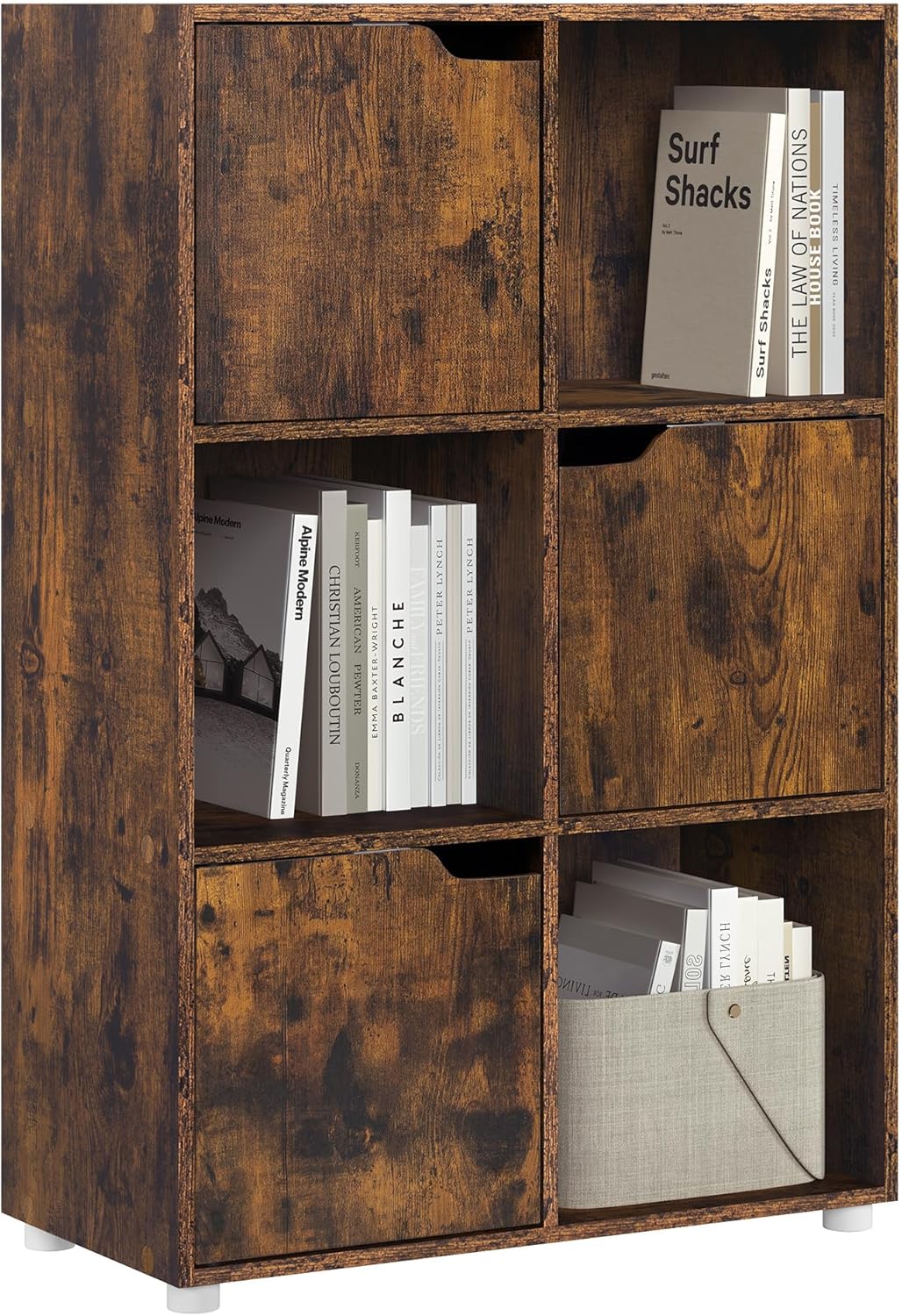 Woltu 6-Vaks Boekenkast met Deuren - Rustiek Bruin - 59,6 x 29 x 91 cm - Opbergkast met 6 Compartimenten voor Woonkamer, Kantoor en Slaapkamer