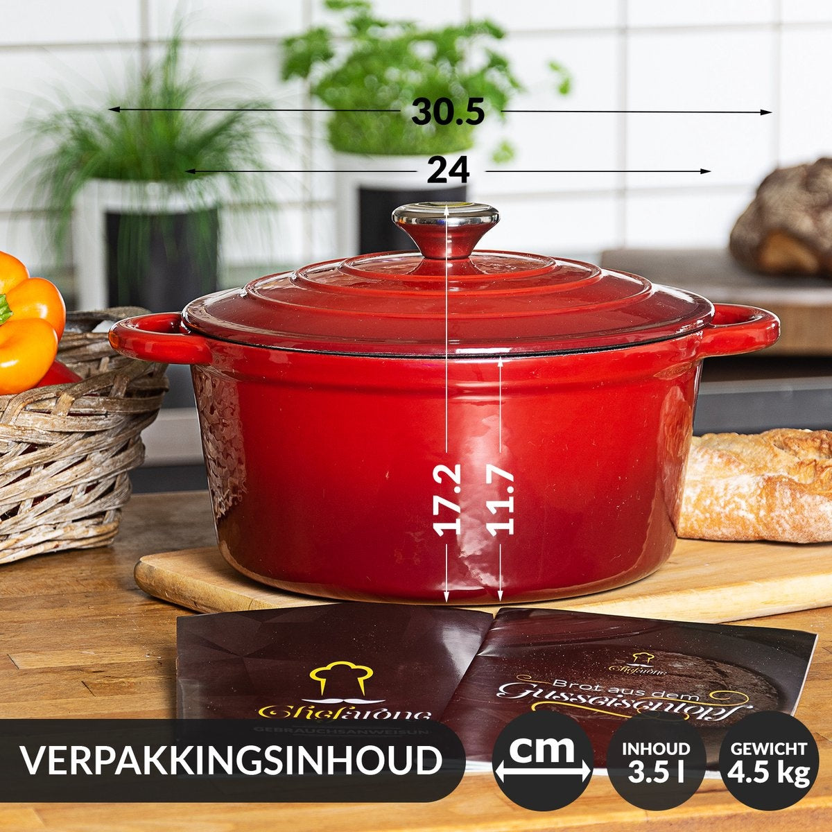 Chefarone Gietijzeren Pan – Braadpan – Inclusief Deksel – Geschikt Voor Alle Warmtebronnen – Geëmailleerd - Rood