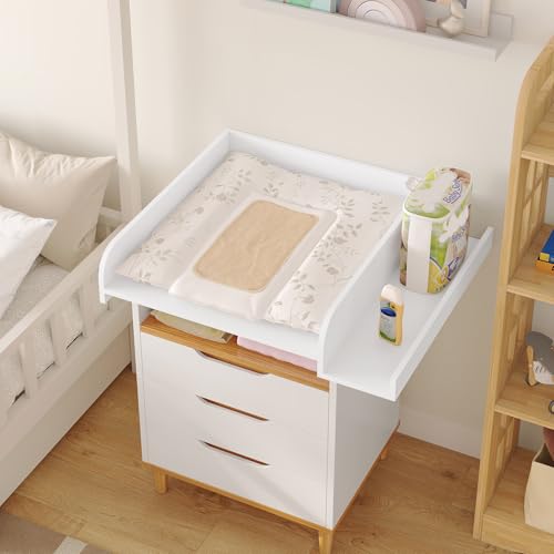 Woltu Baby Verschoningskussen met Beschermrand en Opbergrek - Wit - 80 x 70 x 16,5 cm