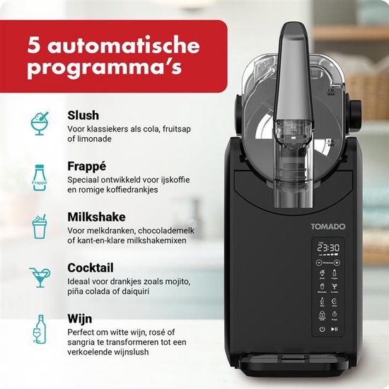 Tomado TSM2002B - Slushmachine - Slushpuppy maker - 5-in-1 Slush - Slush Puppy - 2 liter slush - Tot 12 uur bevroren drankjes - Touchcontrol bediening - Zwart