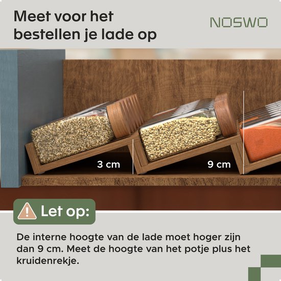 Noswo Kruidenrek Lade met 28 Potjes - Complete Set - Vierkant - Strooideksel en Labels - Kruiden Organizer - Keukenlade Organiser - Acacia