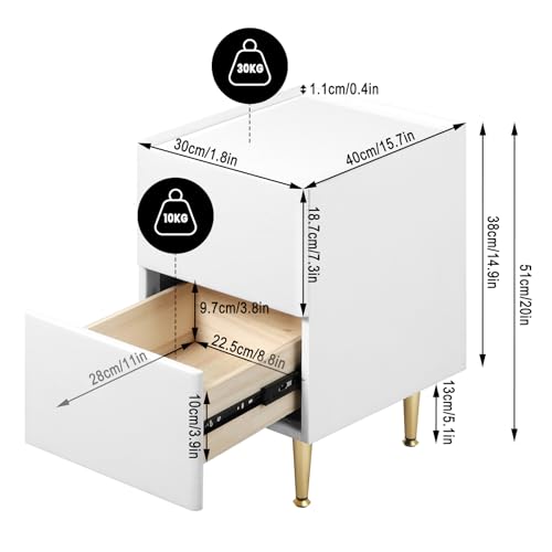 Woltu Nachtkastje met 2 Lades Hoogglans - Hout PVC + Metaal Wit + Goud - 30 x 40 x 51 cm