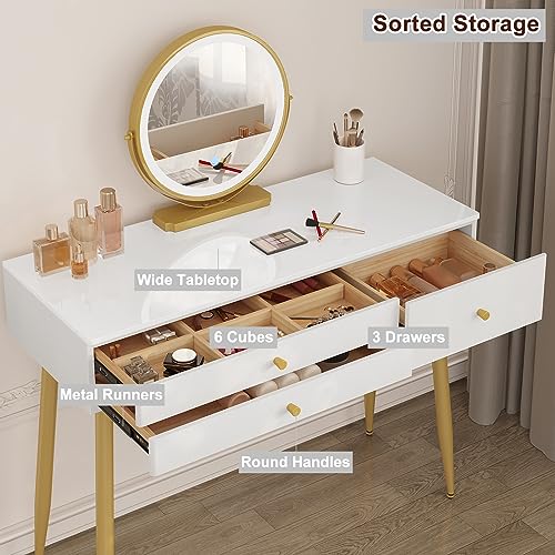 Woltu Make-up Tafel MB6105ws met Kruk en LED Spiegel - Houten Make-up Bureau met Verstelbare Verlichting, 3 Lades, Fluwelen Stoel met Rugleuning - Wit, Crème en Goud - 100x40 cm