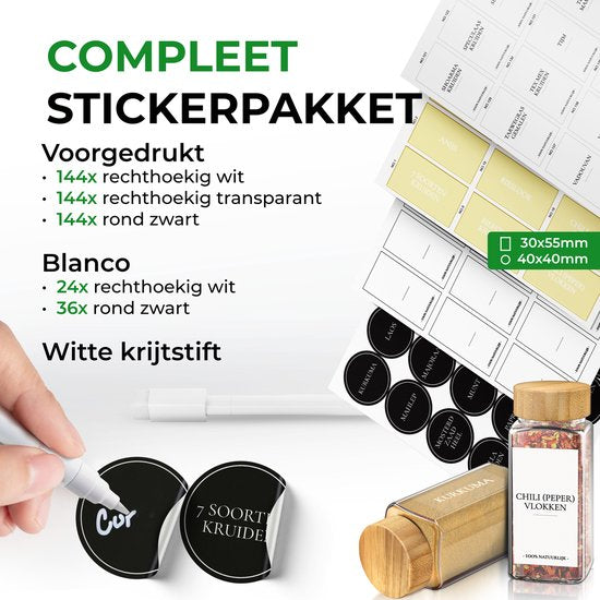 Soothe 48 Glazen Kruidenpotjes Vierkant met Bamboe Deksel – 2 Soorten Strooideksels – Kruidenstrooier – Spice Jars – Complete Set incl Kruiden Stickers, Krijtstift en Accessoires – 120ml