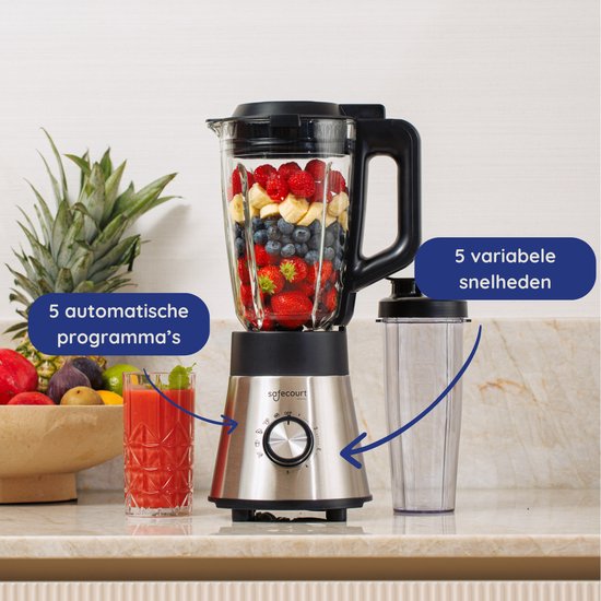 Safecourt Keuken Power blender - 5 automatische programma's - Smoothie maker - +2 to go bekers - RVS