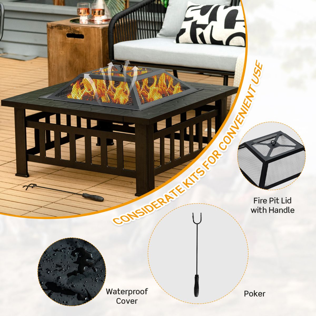 Coast vierkante vuurplaats - 3-in-1 vuurschaal tafel - met BBQ rooster en ijsemmer - zwart 81 x 81 x 50 cm