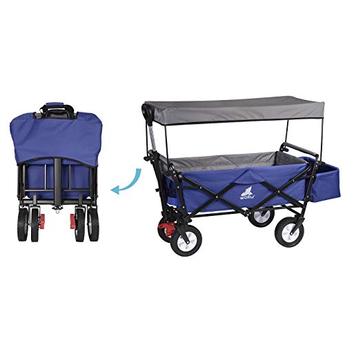 Woltu Transportwagen Opvouwbaar - Stevig Stalen Frame Blauw - 80 kg Draagvermogen, Met Rem en Afneembare Zonneklep - 4 Zwenkwielen 100x50x90 cm
