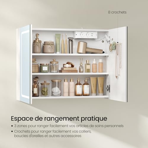 Eugad Badkamerkast met LED Spiegel en Touch Licht - Wit - 80 x 14,5 x 60 cm