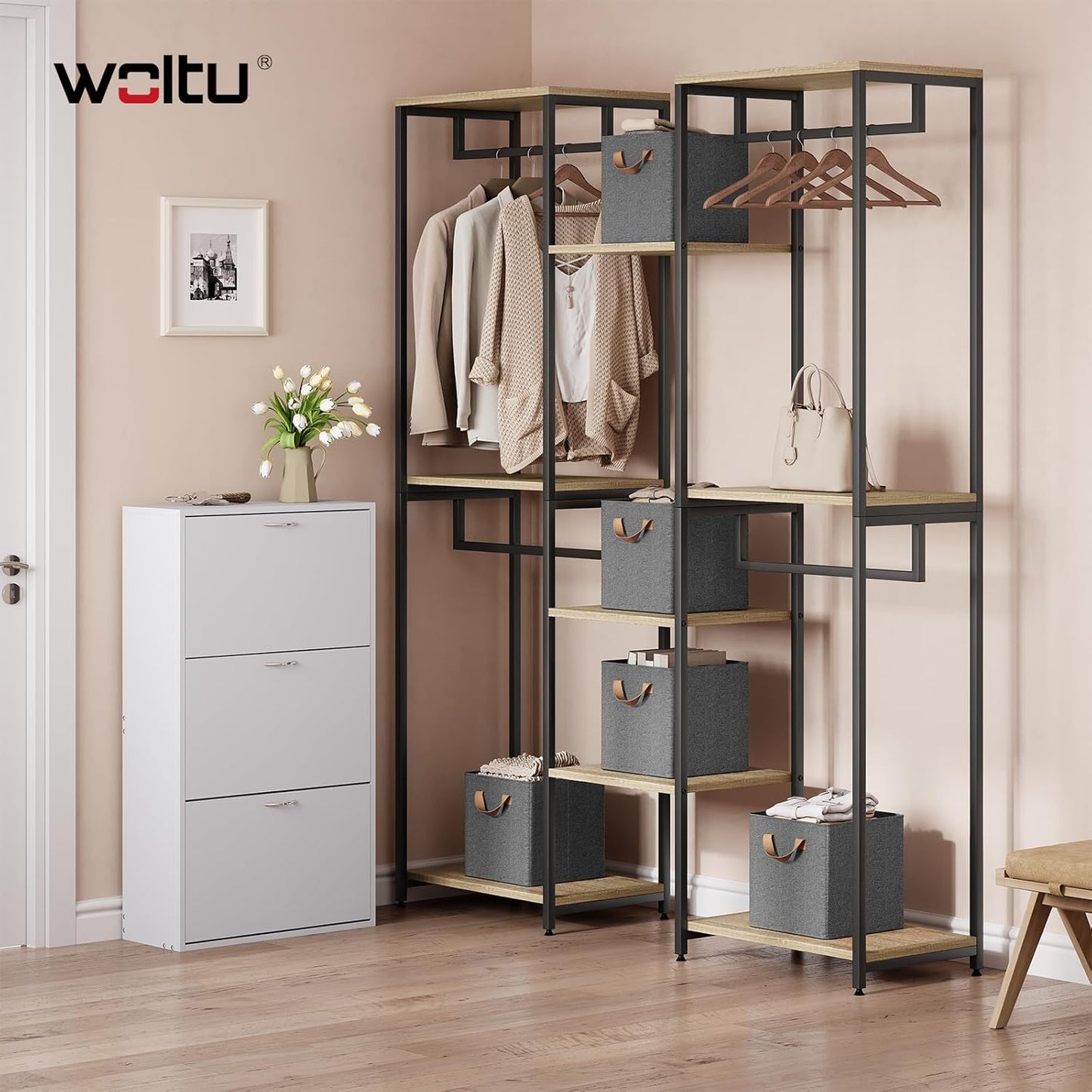 Woltu Opvouwbare Opbergboxen Set van 5 - Grijs - Met Handgrepen en Metalen Frame - 26 x 26 x 26,5 cm