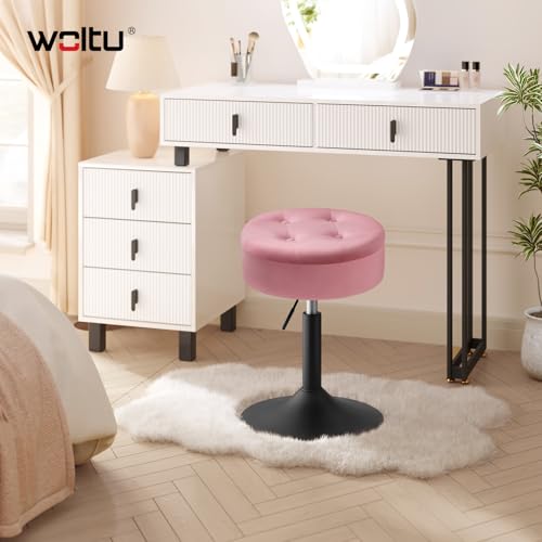 Woltu Make-up Kruk met Opbergruimte - Verstelbare Barstoel 50-66,5 cm - Ronde Zitting - Fluweel Roze