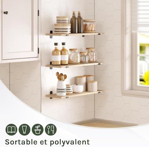 Eugad Set van 3 Zwevende Wandplanken Retro Stijl - Zwart en Licht Hout - 60 x 20 x 7 cm