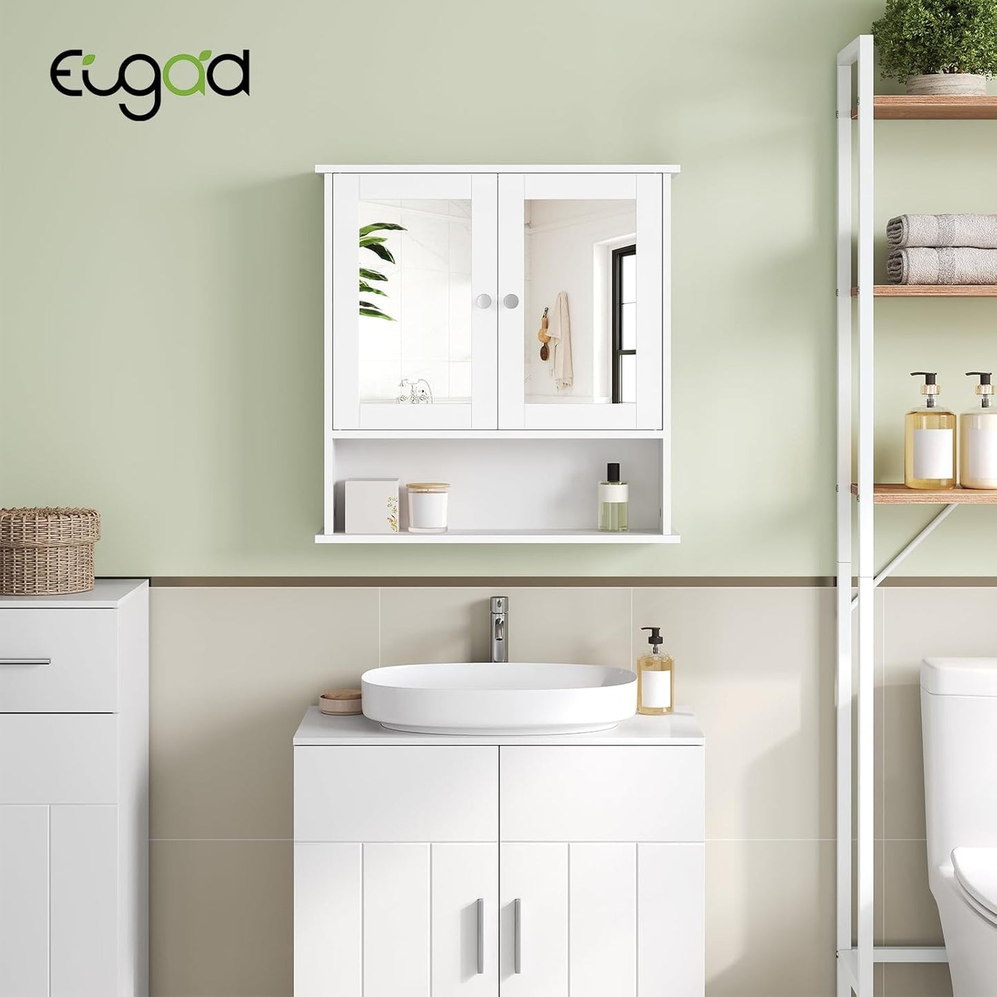 Eugad Badkamerkast met Spiegel - Wandkast MDF Vochtbestendig - Verstelbare Legplank - Wit - 56 x 13 x 58,5 cm