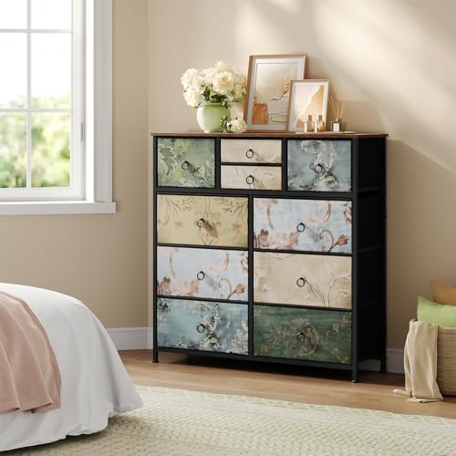 Woltu Ladekast met 10 Lades Vintage Bloemenmotief - Bruin - 100 x 100 x 30 cm