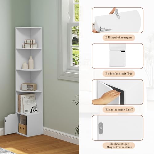 Woltu Hoekboekenkast met 5 Planken en Kastdeur - Wit Hout - 29,5 x 29,5 x 158 cm