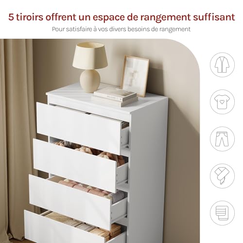 Woltu Ladekast 5 Lades Wit - Ruime Opbergkast voor Woonkamer en Slaapkamer 60 x 37 x 110 cm