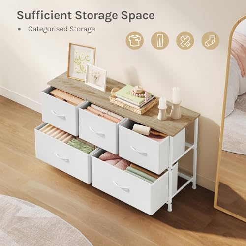 Woltu Ladekast met 5 Stoffen Laden - Metalen Frame - Wit - 100x30 cm