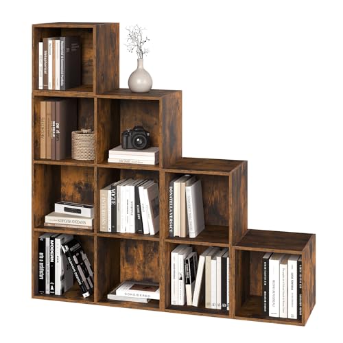 Woltu Boekenkast met 10 Vakken - Roomdivider en Trapplank - Rustiek Bruin - 120 x 120 x 30 cm