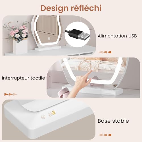 Woltu Onregelmatige Wolkvormige Make-up Spiegel - LED Verlichting met 3 Lichtstanden - Verstelbare Helderheid - 40 x 54 cm - Wit