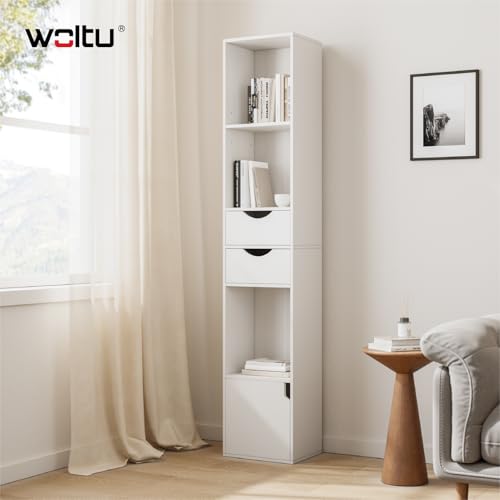 Woltu Boekenkast met Laden - Staande Opbergkast - Wit - 30x24x158 cm