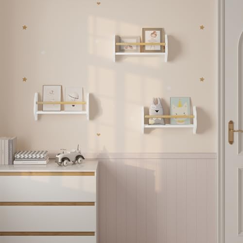 Woltu Kinderboekenkast Wolkvormige Wandplank - MDF en Grenenhout Wit - 3 Planken 45x12,7x23 cm