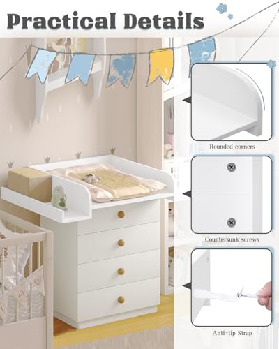 Woltu Baby Verschoningskussen met Beschermrand en Opbergrek - Wit - 80 x 70 x 16,5 cm