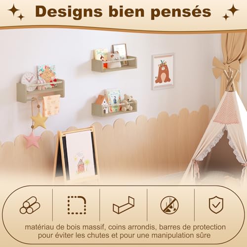 Woltu Kinder Wandplank Set van 3 - Massief Hout - 40 cm - Met Houten Kralen - Veilig en Praktisch