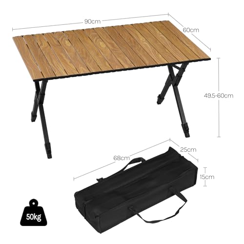 Woltu Opvouwbare Campingtafel - Aluminium, Verstelbaar in Hoogte, Houtlook, Inclusief Draagtas