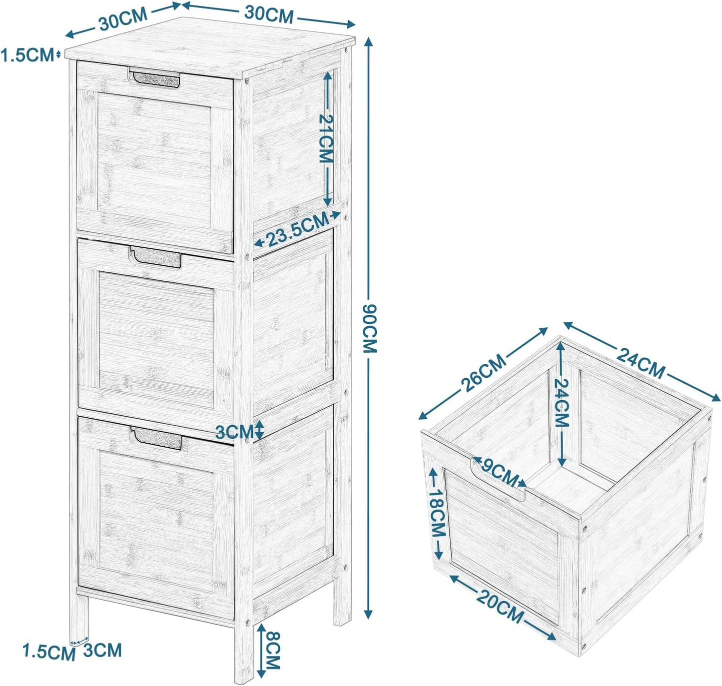 Eugad Smalle Bamboe Badkamerkast met 3 Uitneembare Lades - Natuurlijk Bamboe - 30 x 30 x 90 cm
