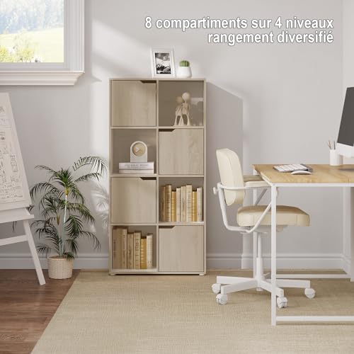 Woltu Boekenkast SK039hei - Opbergkast met 8 Vakken en 4 Deuren - Spaanplaat Licht Eiken - 60x30x120 cm