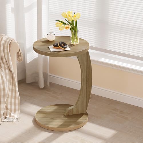 Woltu C-vormige Bijzettafel Rond - Licht Eiken MDF - 38 x 55 cm