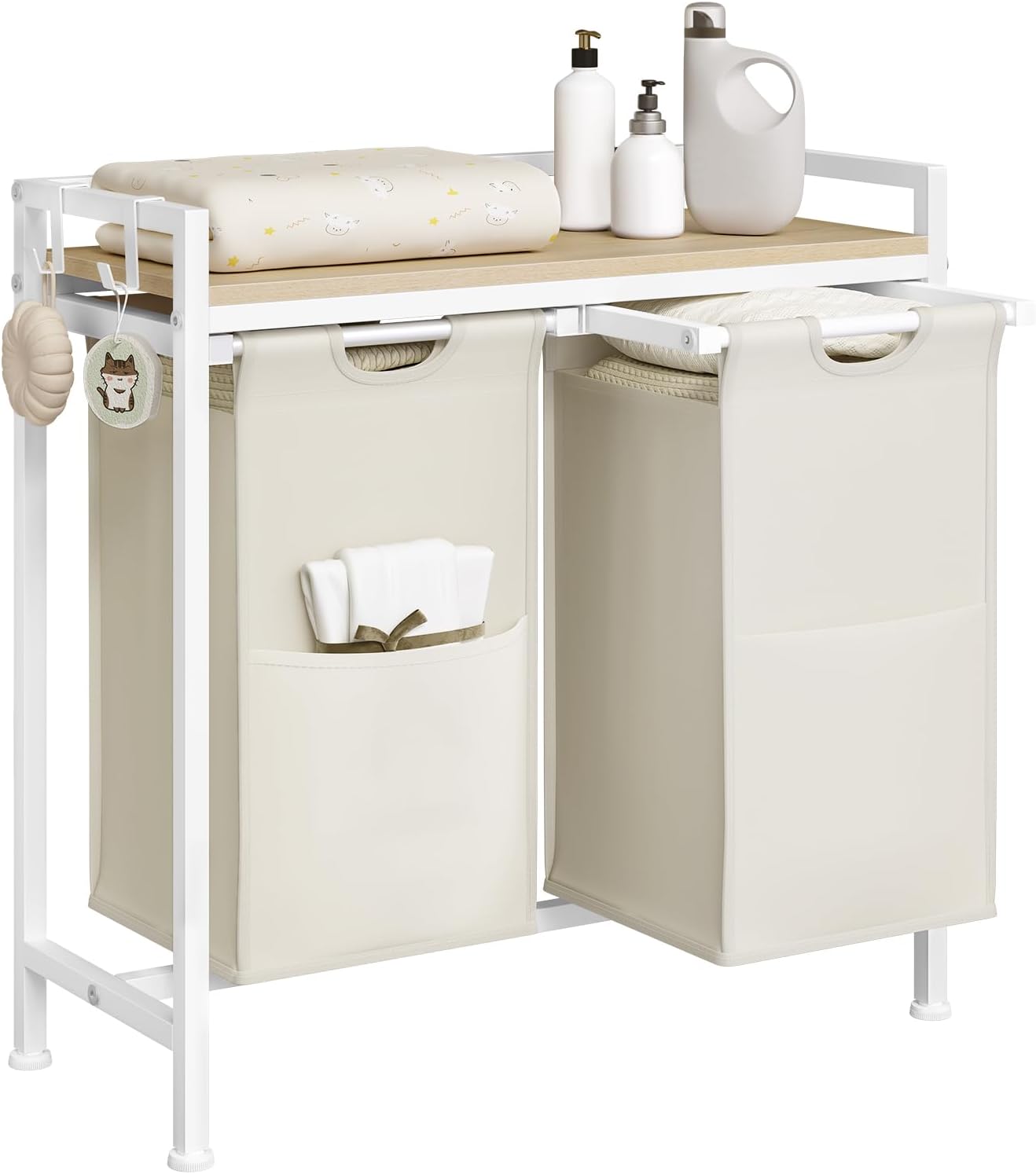 Woltu Wasmand met 2 Vakken en Opbergplank - 80L Inhoud - Uittrekbare & Uitneembare Waszakken - Wit/Licht Eiken - 70 x 30 x 71 cm
