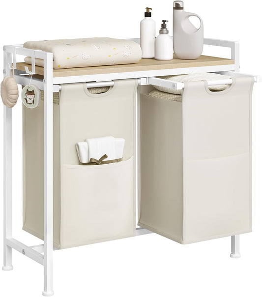 Woltu Wasmand met 2 Vakken en Opbergplank - 80L Inhoud - Uittrekbare & Uitneembare Waszakken - Wit/Licht Eiken - 70 x 30 x 71 cm